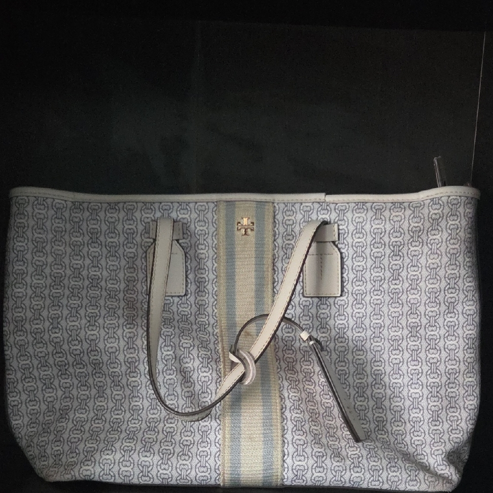 Tory Burch Patterned Tote in Blue and Cream